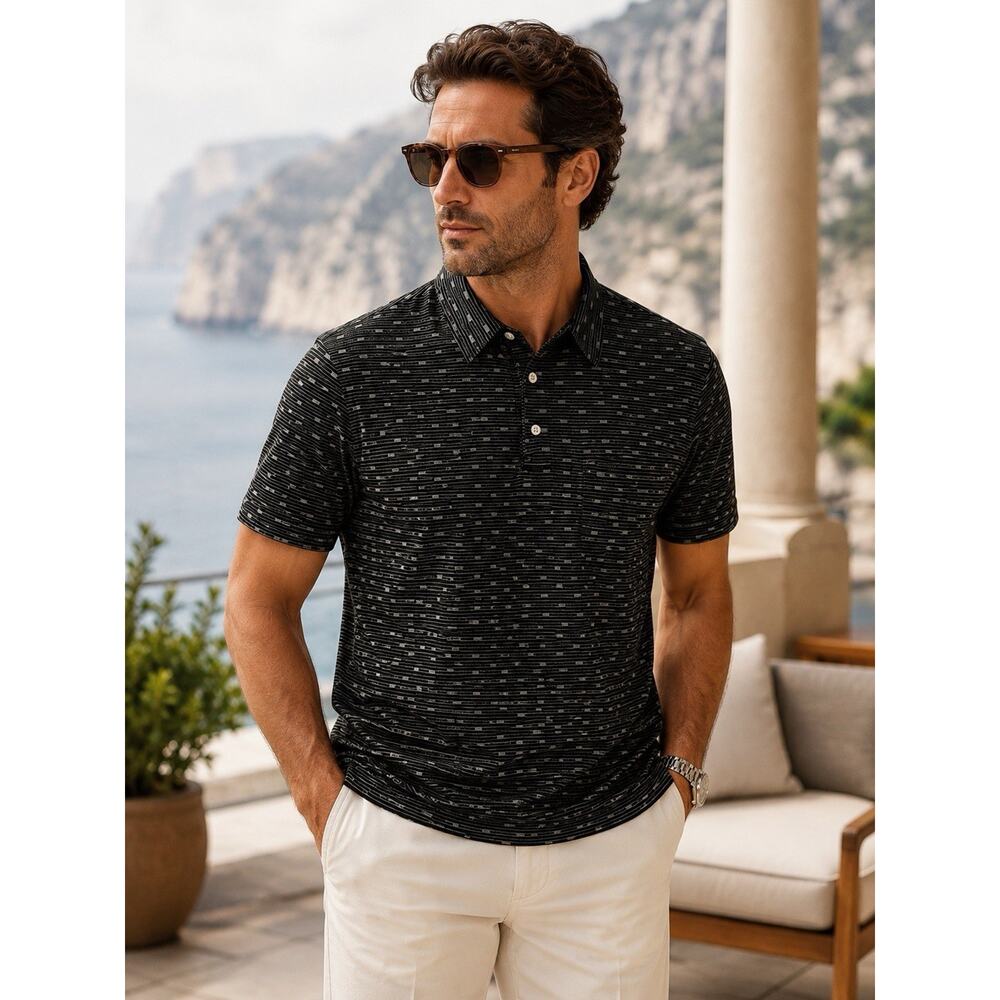 Brioni Polo Shirt Mens XL Black Gray Striped Luxury Italy Cotton